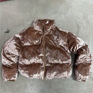 Fabletics Crushed Velvet Brown Puffer Jacket
